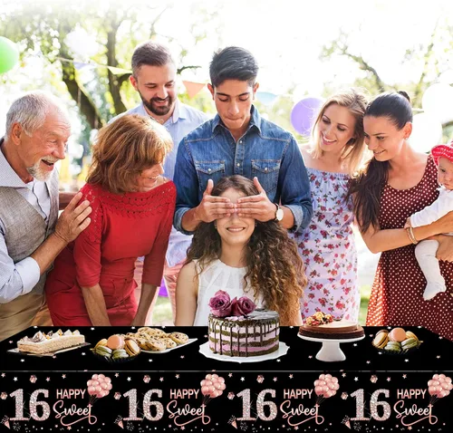 Vista 5 de Paquete de 3 manteles decorativos de cumpleaños dulce 16 para niñas, cubierta de mesa con temática de feliz cumpleaños dieciséis en oro rosa