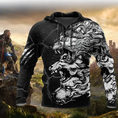 Vista 2 de Sudadera con capucha Viking Fenrir con estampado 3D de tres lobos grises Totem unisex