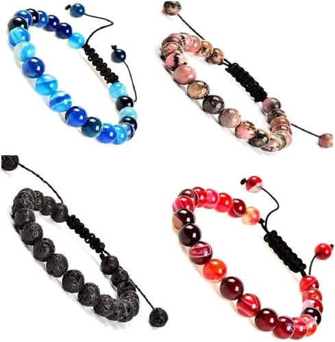 Vista 2 de Pulsera de cuentas de cristal de piedras preciosas de curación natural, unisex, ajustable, macramé, pulseras elásticas de ojo de tigre, amazonita