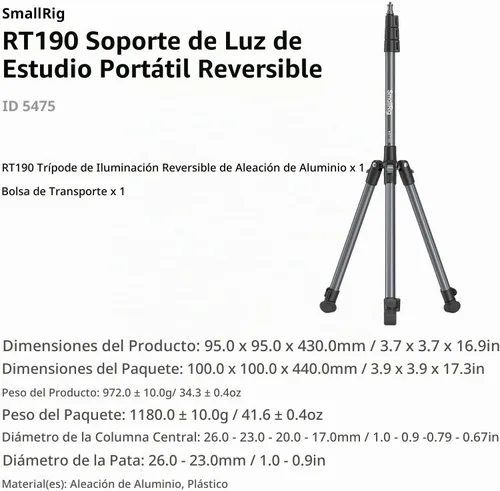 Vista 9 de SMALLRIG Soporte de luz ajustable para fotografía de 74.8 pulgadas/6.23 pies, carga máxima de 8.8 libras, soporte de trípode de iluminación compacto