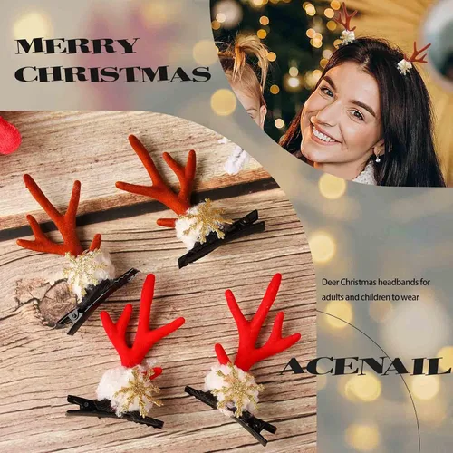 Vista 2 de Acenail Pinzas para el cabello de Navidad, cuernos de reno, pasadores para el cabello, orejas de cuerno de ciervo de Navidad, horquillas de copo