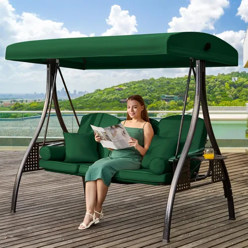 Vista 9 de Columpio de porche para exteriores 3 en 1 con toldo ajustable, columpio de 3 asientos para adultos, columpio de patio con cojines gruesos, almohadas