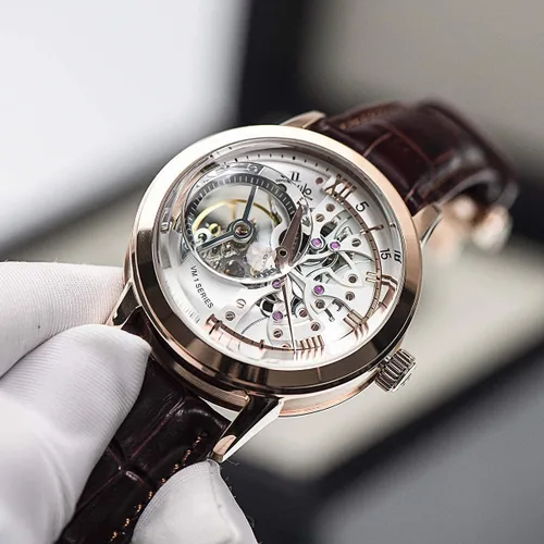 Vista 7 de Relojes de oro rosa de lujo para hombre, esfera esquelética, relojes automáticos, correa de cuero VM-1
