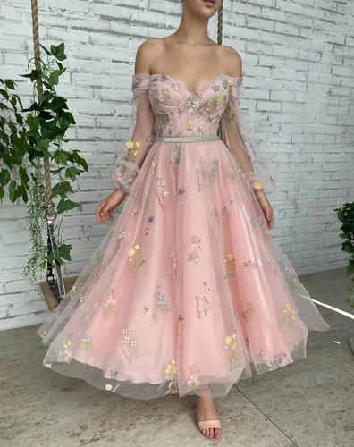 Vista 5 de Fivsole Vestido de fiesta con hombros descubiertos y mangas abullonadas para mujer, con bordado de flores, tul corto, vestidos formales de fiesta