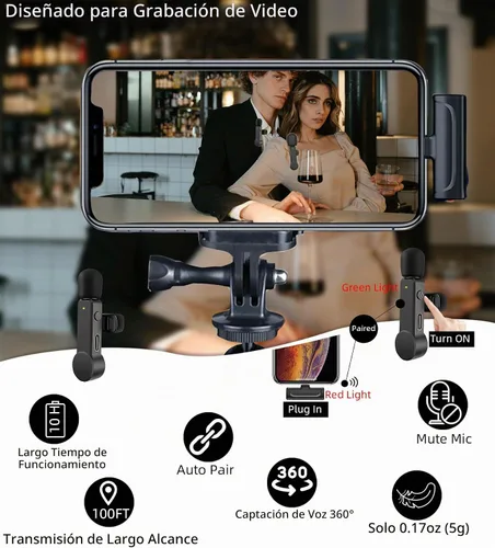 Vista 2 de NPTCL Paquete de 2 micrófonos Lavalier USB C inalámbrico Lav Mic para teléfono Android Cancelación de ruido Mini micrófono de solapa tipo C