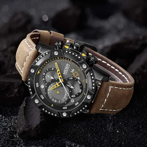 Vista 7 de MEGIR Reloj analógico de cuarzo para hombre con correa de cuero de cara grande para deportes 2130