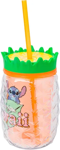 Vista 4 de Silver Buffalo Disney Lilo y Stitch Saludos desde Hawái con Scrump, Vaso de doble pared con forma de piña, 473 ml (16 oz)
