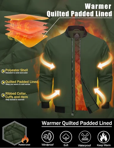 Vista 5 de Cotrasen Chaqueta bomber para hombre, para otoño e invierno, cálida, rompevientos, con cremallera completa, acolchada, casual