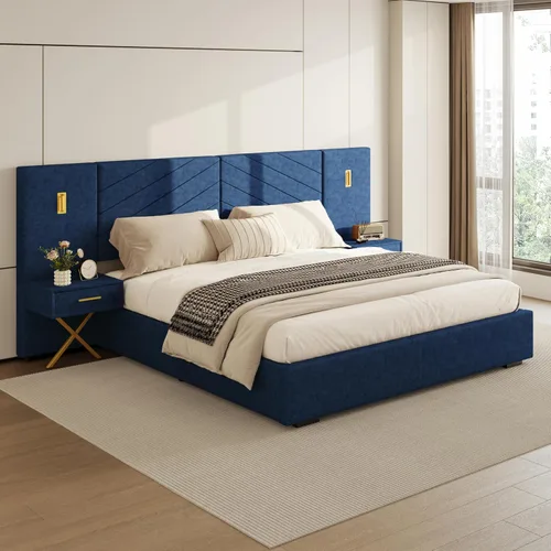 Vista 13 de DEINPPA Base de cama Queen de lujo con luces LED doradas integradas y mesitas de noche, cama de plataforma tamaño Queen con cabecera tapizada