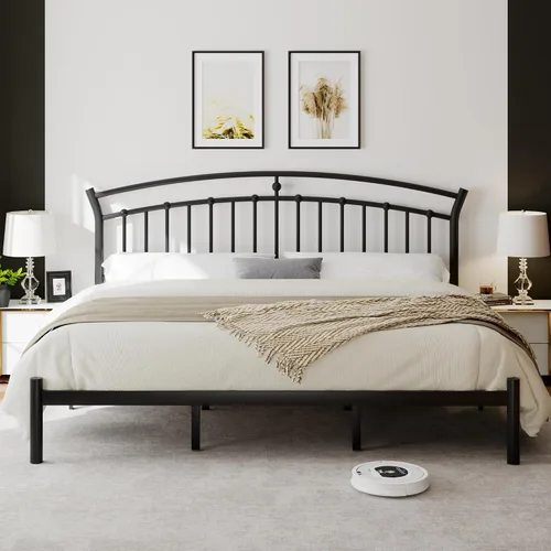 Vista 9 de iPormis Marco de cama de plataforma de metal de tamaño completo con cabecera moderna de arte de hierro/soporte de listones de acero de servicio Negro