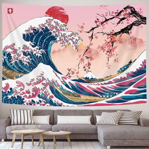 Vista 4 de MERCHR Tapiz de pared de flor de cerezo con sol rosa y rojo, olas del océano y escena de montaña, diseño de anime asiático para dormitorio, 60 x 40