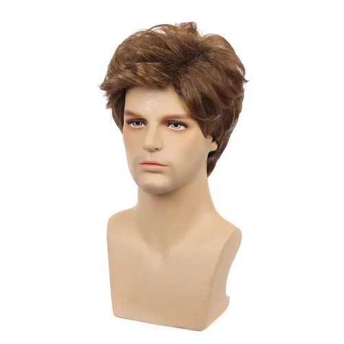 Vista 2 de Kaneles Peluca corta para hombre, pelo natural, sintético, peluca completa (marrón)
