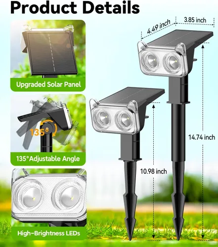 Vista 8 de LETMY Solar Lights Outdoor Waterproof IP65, 4 Pack Solar Spot Lights Outdoor with 2 Big LEDs, 2-in-1 Wall Lights & 8 Modes Solar Landscape