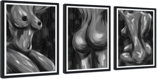 Vista 104 de Novatique 3 piezas de arte de pared sexy en blanco y negro para parejas desnudas, decoración de pared abstracta de amor para mujeres y hombres, arte