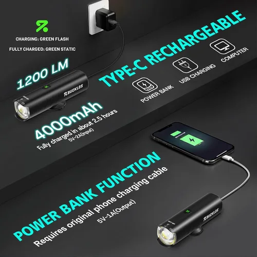 Vista 5 de BUCKLOS Luces de bicicleta súper brillantes para montar en la noche, 1500, 1200, 800, 600, 400 lúmenes, para conducción nocturna, faros delanteros