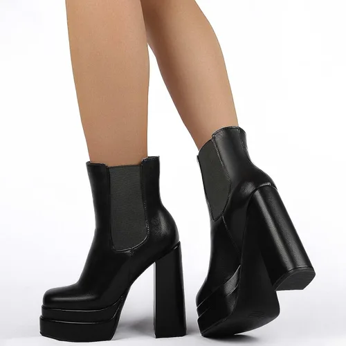 Vista 2 de SIFINELAR Botines de plataforma para mujer, tacón alto y grueso, con puntera cuadrada, con cremallera lateral, botas cortas