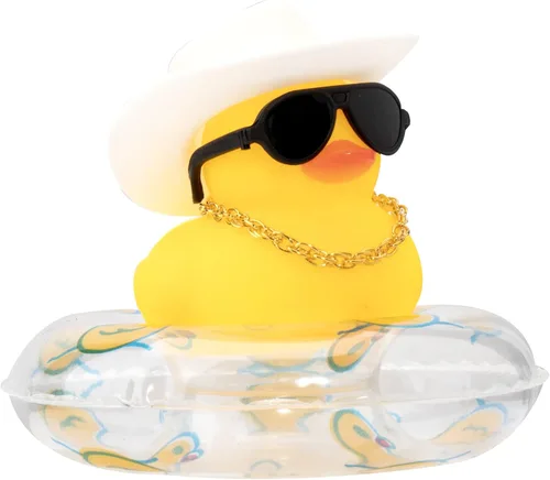 Vista 29 de wonuu Pato de goma para automóvil, decoración de pato amarillo con sombrero para el sol, anillo de natación, collar, gafas de sol para decoración