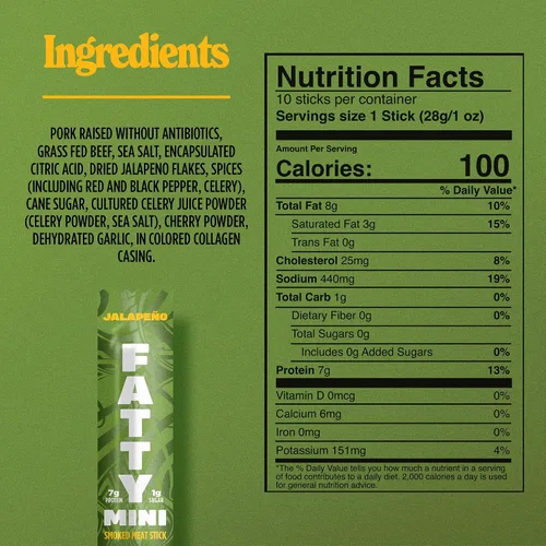 Vista 2 de FATTY Mini palitos de carne cecina, Jalapeño Minis, 1 oz. Tamaño de 0.27 oz de proteína por palo; hecho con carne de res alimentada con pasto, cerdo