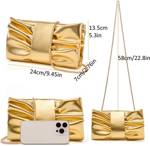Vista 4 de Elegante bolso de mano con lazo para mujer, suave y plisado, bolsa de noche de poliuretano con cadena desmontable para fiesta de graduación, boda