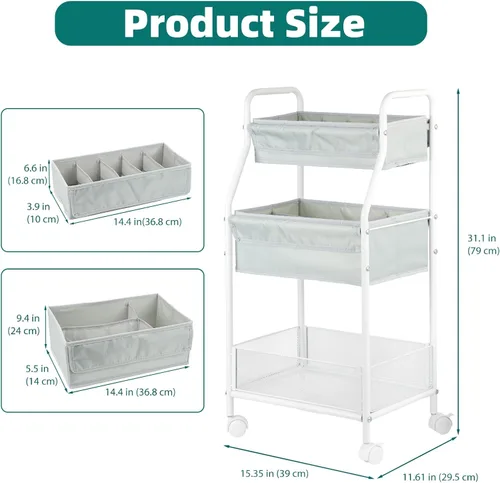 Vista 3 de Moteph Carrito utilitario rodante con ruedas, carrito de pañales de 3 niveles, carrito de guardería con ruedas y organizador de bebé para artículos