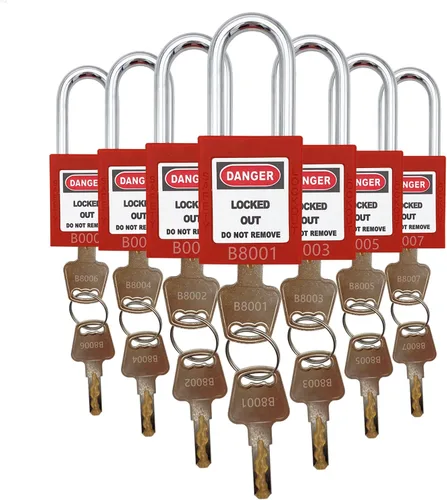 Vista 2 de SAFBY Loto - 7 candados de bloqueo diferentes con llave con 10 etiquetas de bloqueo, candados seguros para estaciones y dispositivos con 7 números