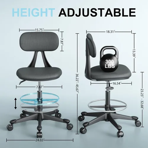 Vista 2 de Silla de dibujo con rueda de gravedad de bloqueo automático, silla de escritorio de pie ajustable en altura, taburete de dibujo alto, con respaldo