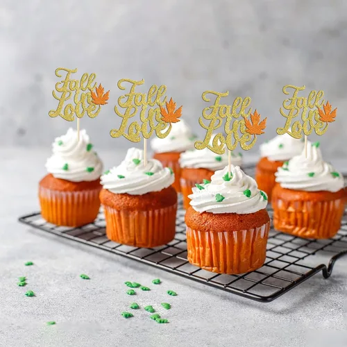 Vista 3 de Rsstarxi Paquete de 24 adornos para cupcakes con hojas de otoño, día de Acción de Gracias, palillos de dientes, despedida de soltera, decoración