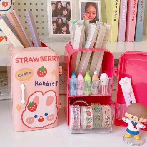 Vista 2 de JHTPSLR Caja organizadora Kawaii de artículos de papelería para refrigerador, soporte para bolígrafos, lindo contenedor estético para guardar