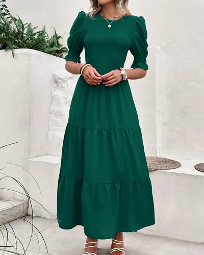 Vista 161 de BTFBM Vestidos para mujer, cuello redondo, casual, de verano, con volantes, manga corta, bohemio, con niveles, fruncido, largo, con estampado floral