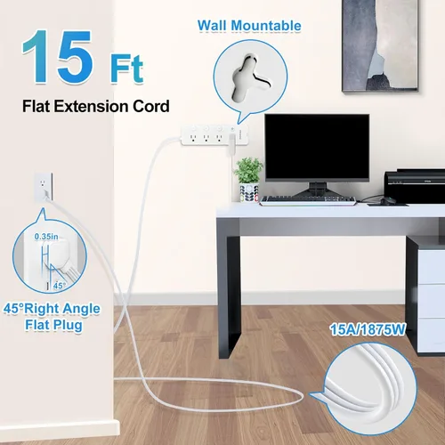 Vista 4 de Regleta protectora de sobretensiones de 15 pies, 8 salidas de CA, 4 USB (2 USB C), cable de extensión de enchufe plano con interruptores