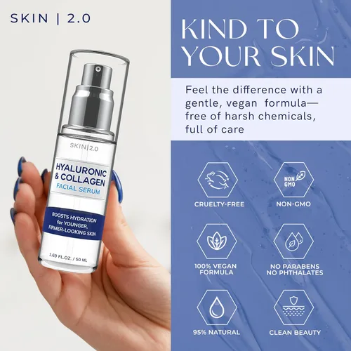 Vista 3 de Skin 2.0 Suero Facial de Ácido Hialurónico y Colágeno - Probado por Dermatólogos, Reafirmante, Hidratante - Antienvejecimiento, Belleza Limpia