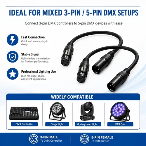 Vista 7 de Cable de iluminación DMX de 3 pines a 5 pines, cable adaptador XLR/DMX de 8 pulgadas, cables de micrófono XLR macho de 3 pines a 5 pines hembra