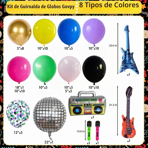 Vista 2 de Decoraciones de fiesta temática de los años 80 y 90 para cumpleaños de adultos, kit de guirnalda de arco de globos neón retro con bola de disco Tema