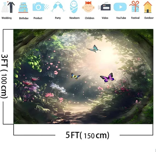 Vista 2 de Telón de fondo de fotos de bosque encantado, tapiz de pared de mariposa, fondo de fotografía de hadas, pancarta temática de fantasía, decoración