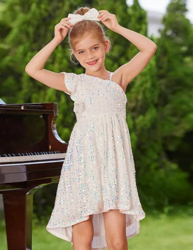 Vista 2 de GRACE KARIN Vestido de lentejuelas de un hombro para niñas, vestido de fiesta alto y bajo para 5-14 años