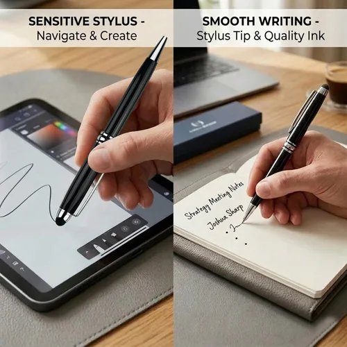 Vista 6 de Ancolo Bolígrafos personalizados con lápiz digital - Cuerpo metálico grabado con su mensaje, nombre/número de teléfono, tinta negra. Ideal