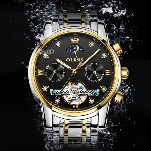 Vista 4 de OLEVS Relojes automáticos para hombre, esqueleto Tourbillon, reloj de pulsera de lujo con diamantes de cuerda automática, acero inoxidable