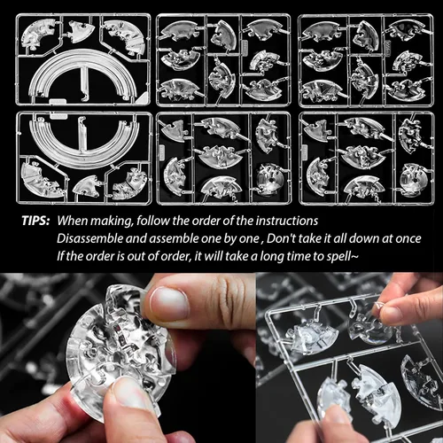 Vista 5 de Rompecabezas de cristal 3D, 40 piezas Saturno Ensamblaje Brain Teaser con base de madera iluminada, bloques de rompecabezas de Saturno de plástico