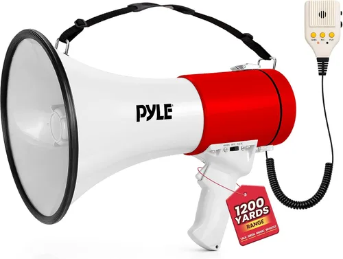 Vista 8 de Pyle 50W Megaphone Bullhorn - Portable, Automatic Siren & Adjustable Volume, Projection Range Up to 1200 Square Yards, Aux Input, Talk, Siren
