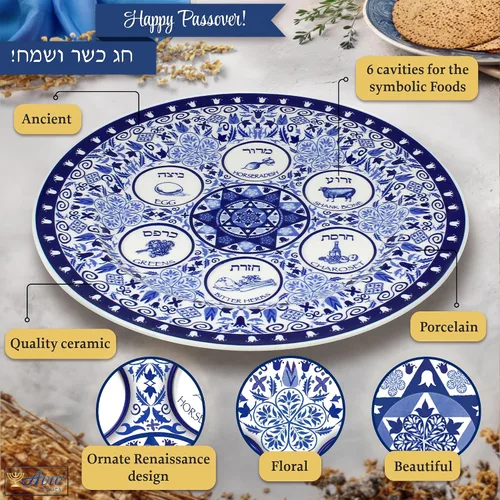 Vista 3 de Plato de porcelana para Pascua Seder de 13 pulgadas, bandeja redonda renacentista con patrón floral adornado, bandeja de pessah extra grande