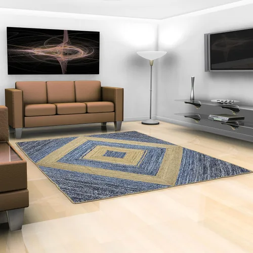 Vista 2 de Collection - Alfombra rectangular de 2 x 3 pies, alfombra trenzada azul de algodón y yute, alfombra geométrica kilim para interiores y exteriores