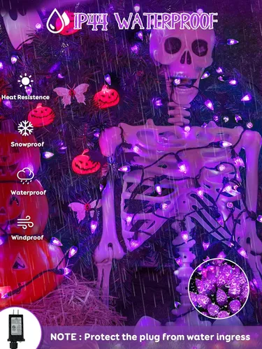Vista 6 de Guirnalda de luces de Halloween conectables C6 de 250 LED, 82 pies, impermeable, luz morada para exteriores, luz parpadeante de hadas enchufable