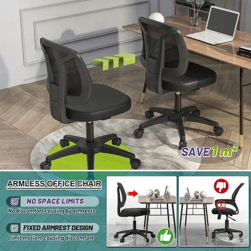Vista 6 de Silla de escritorio giratoria sin brazos para computadora con soporte de madera ajustable en altura y ruedas giratorias para espacios pequeños