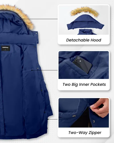 Vista 3 de Chaqueta acolchada larga y gruesa para mujer, abrigo cálido con capucha extraíble de piel sintética