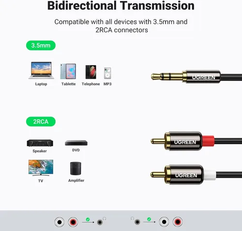 Vista 3 de UGREEN 3.5mm to RCA Cable, 3.3FT 2RCA Male to Aux Audio Adapter, HiFi Sound Conector RCA a Aux para teléfono altavoz MP3 Tablet HDTV, cable auxiliar