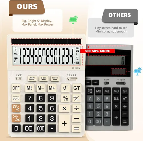 Vista 3 de Calculadoras de escritorio, calculadora de gran tamaño de 14 dígitos con actualización 2026, pantalla LCD de 5 pulgadas y energía solar, calculadora