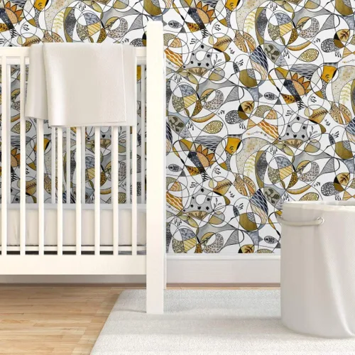 Vista 6 de Muestra de papel tapiz extraíble - Línea Gris Amarillo Grande Negro Blanco Hojas Círculos Puntos Papel pintado personalizado pre-pegado por