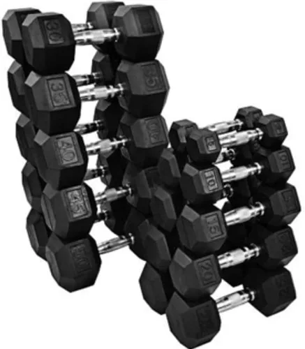 Vista 2 de Vortex Juego de mancuernas hexagonales de goma resistente, pares de 5 a 50 libras, con opción de estante, 550 libras en total