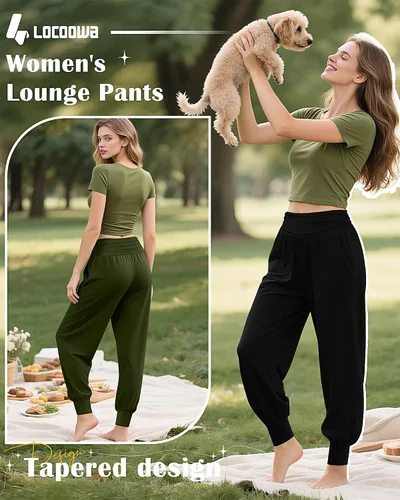 Vista 6 de Paquete de 2 pantalones deportivos de yoga para mujer, cómodos pantalones deportivos con bolsillos, casuales, holgados, cómodos y de cintura alta