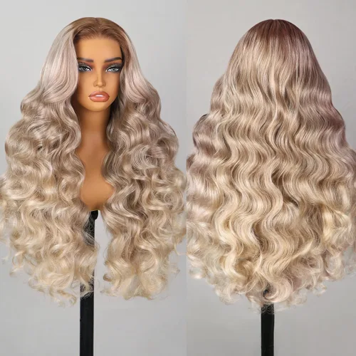 Vista 19 de TESLAL - Peluca de mezcla de cabello humano lacio rubio ceniza de encaje de 6 x 6 pulgadas, sin pegamento, 20 pulgadas Premium Fiber Blend Human